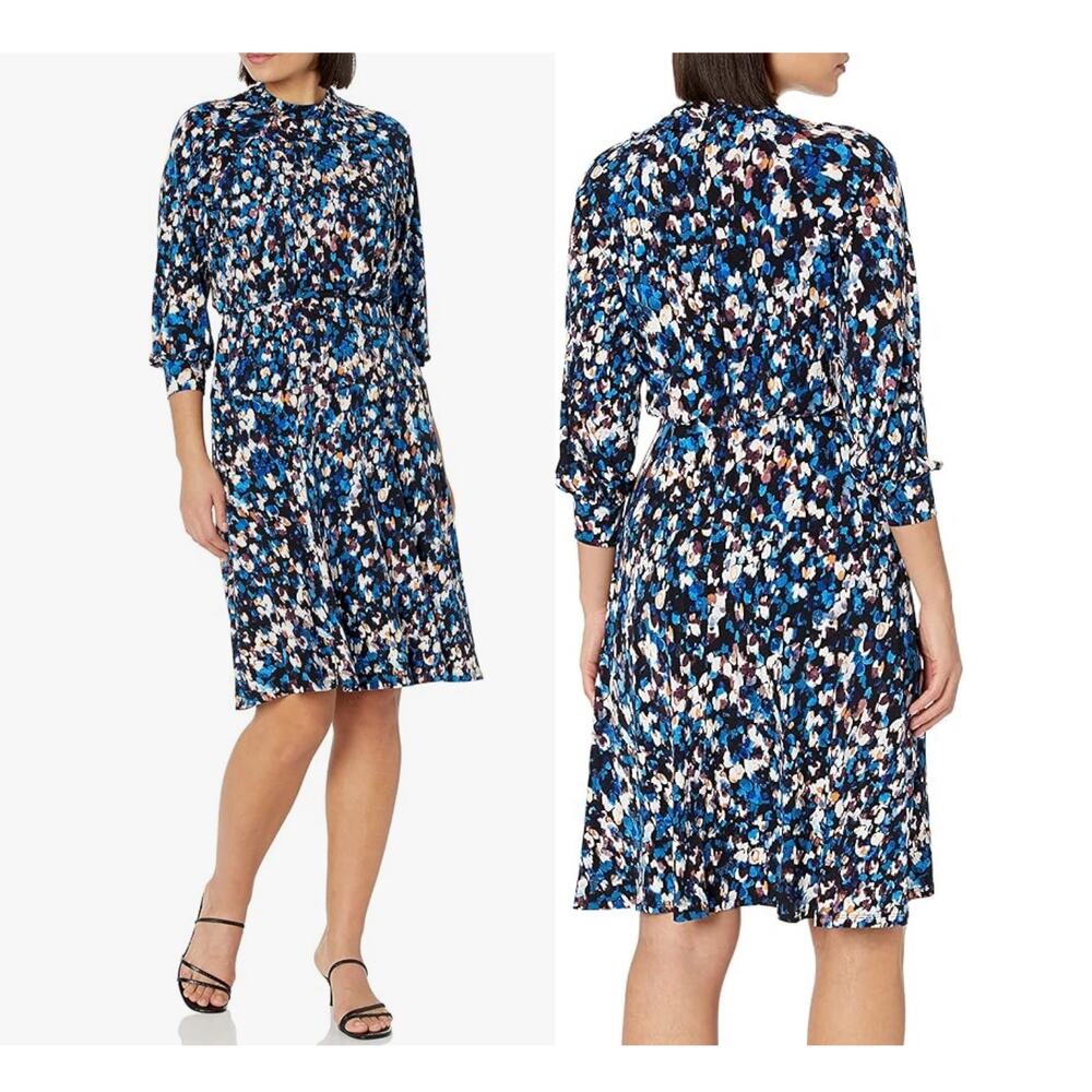 Maggy London Raglan Long Sleeve Crew Neck Blue Speckled Print Blouson Midi Dress